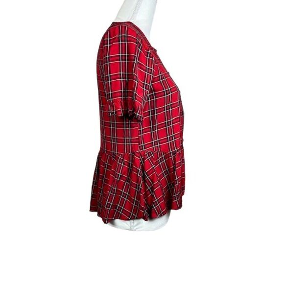 Madewell Studio Ruffle-Hem Top in Clanton Plaid Women's size XXS Red Black - Picture 3 of 8